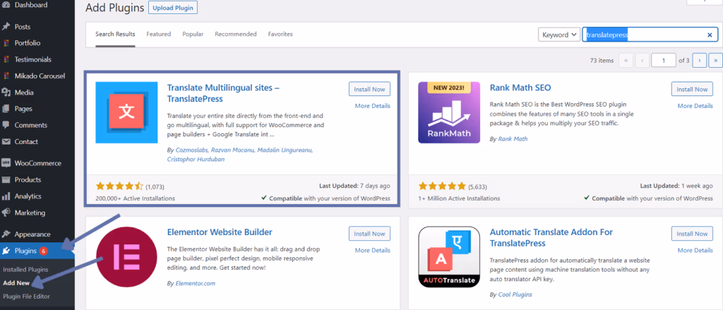 TranslatePress is found in the Plugins section in the WordPress dashboard