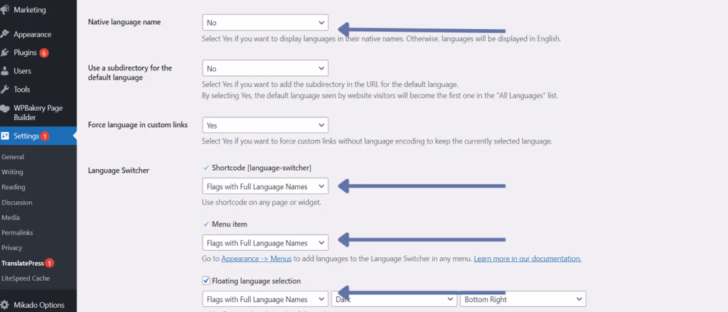 TranslatePress plugin settings to configure your localisation preferences.