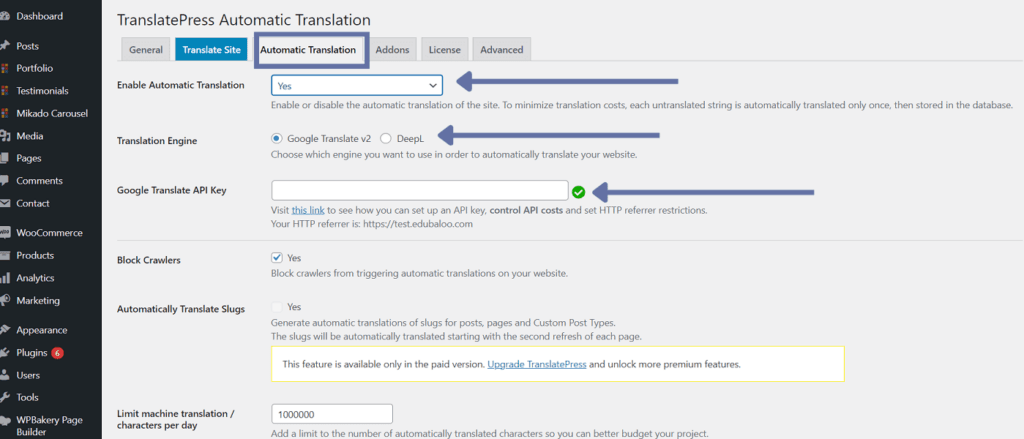 Configuring automatic translations in the TranslatePress dashboard