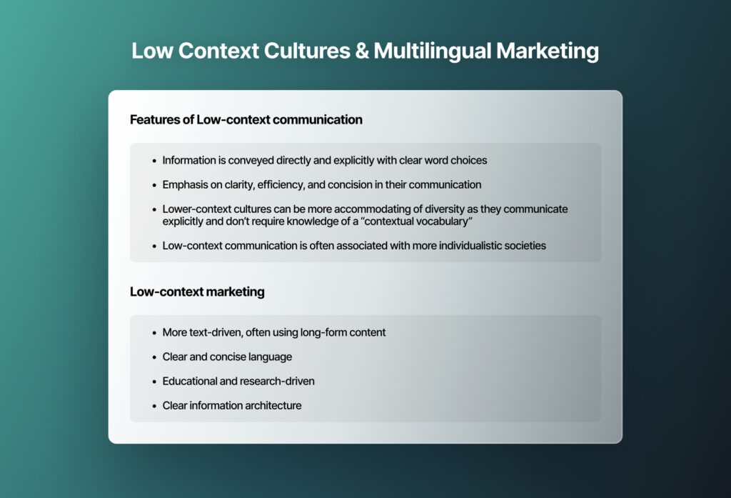 Features of communication in low-context cultures and how to adapt your content marketing to suit this communication style.